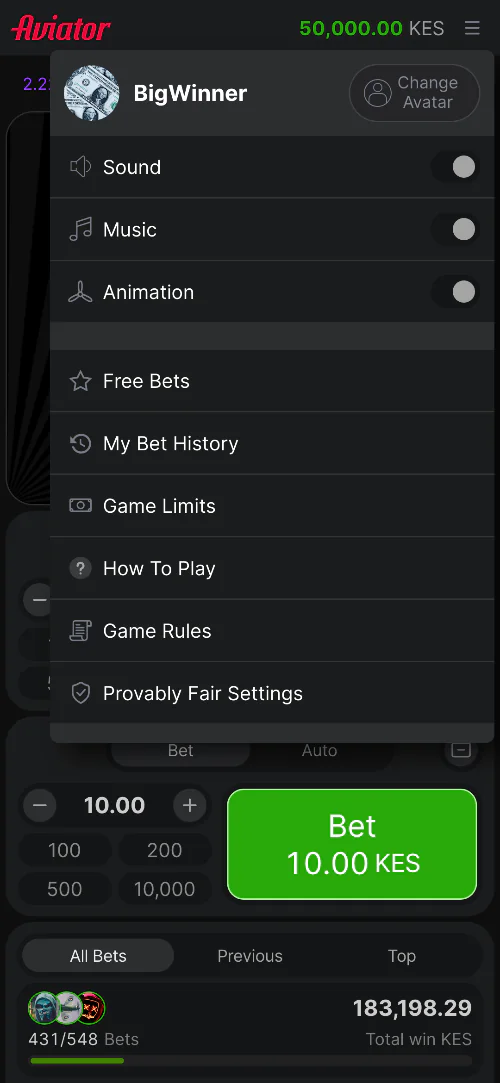 Settings in the Aviator app